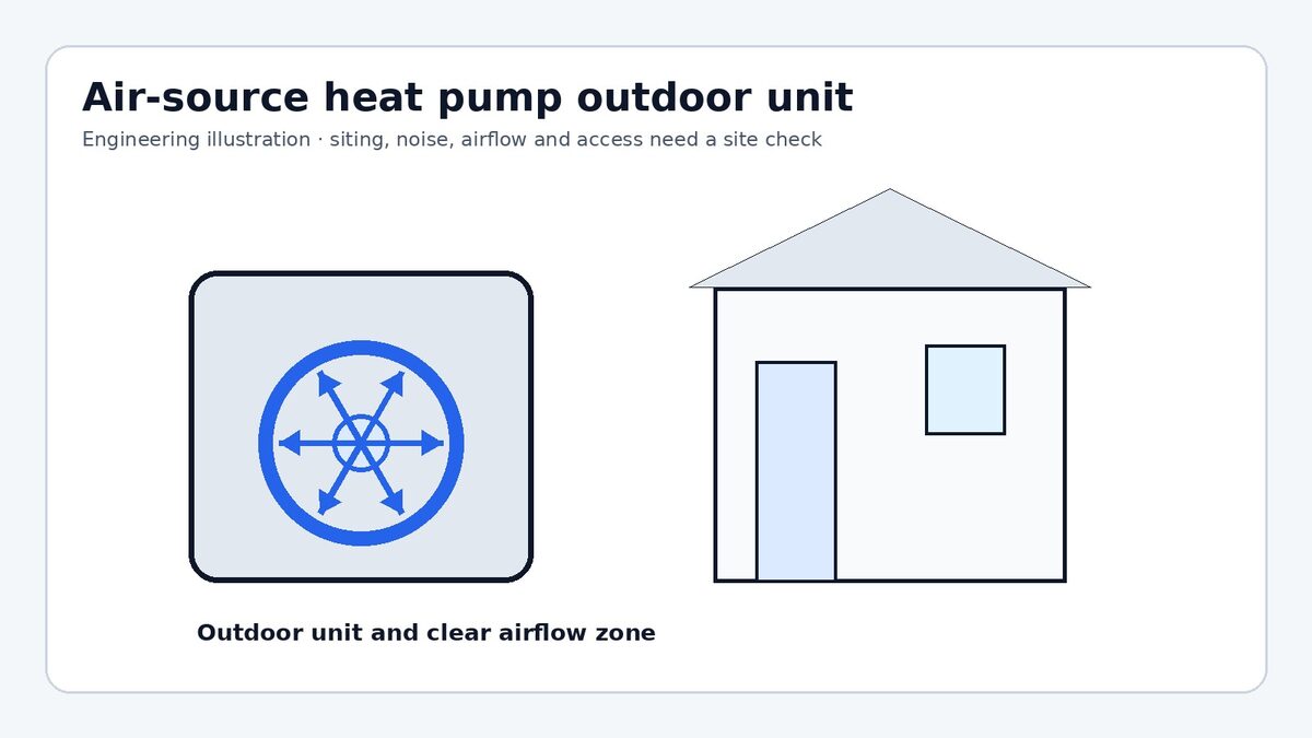Engineering illustration of an air source heat pump outdoor unit beside a house, showing airflow and siting context