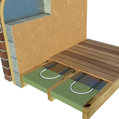 Underfloor heating pipes between floor joists