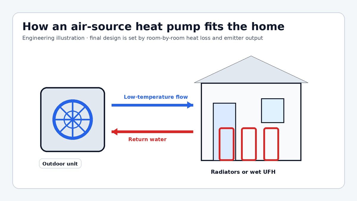 Simple diagram showing how an air source heat pump takes heat from cold air and delivers it into a home using underfloor heating