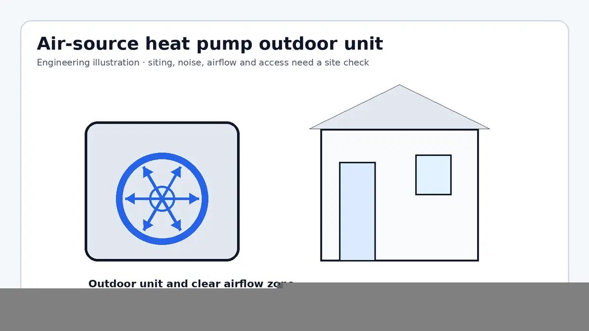 Engineering illustration of an air source heat pump outdoor unit